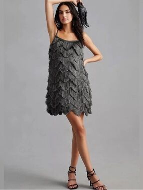 Pankaj & Nidhi layered fringed l Mini Dress in gunmetal gray.  EUC SIZE LARGE